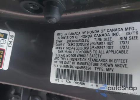 2016 Honda Cr-V Ex-L z USA, uszkodzony, nr VIN 2HKRM4H77GH695854